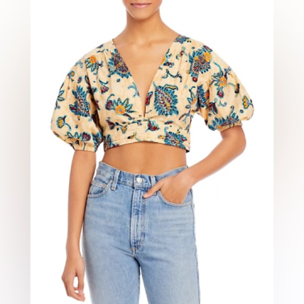 A.L.C rylan ryan printed puff sleeve ruched top floral pattern cotton poplin